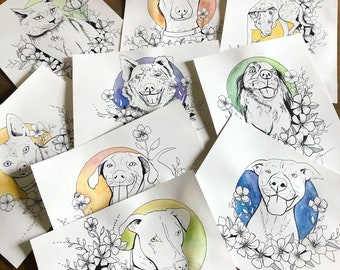 May include: A set of nine black and white illustrations of dogs and cats with watercolor backgrounds. Each illustration features a different animal with a floral border.