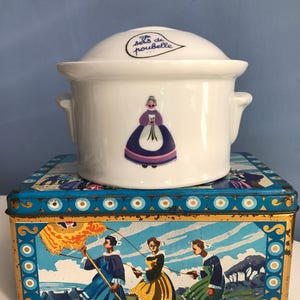 Lourioux Deshoulières Tavolo da tavola. Vaso di ceramica. Porcellana. Francese Spezia Jar Contenitore Contenitore Cucina Decor Lilac Purple Lady motivo