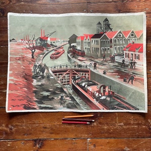 Barge Lock Canal Scene French School Poster