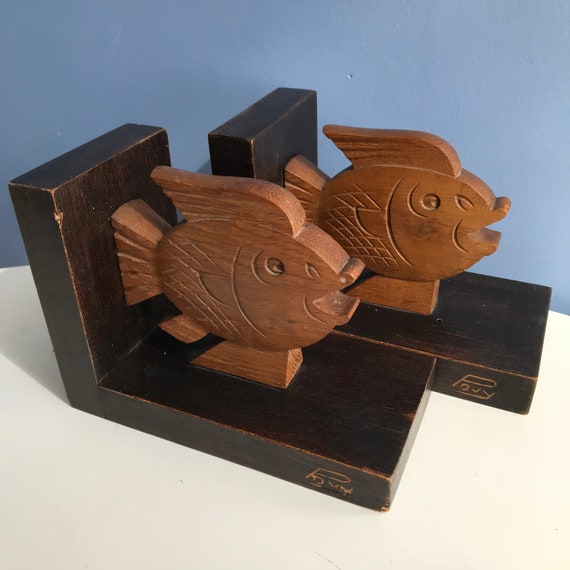 Two Art Deco Fish Bookends Signed Povy Carved Wood -  Canada