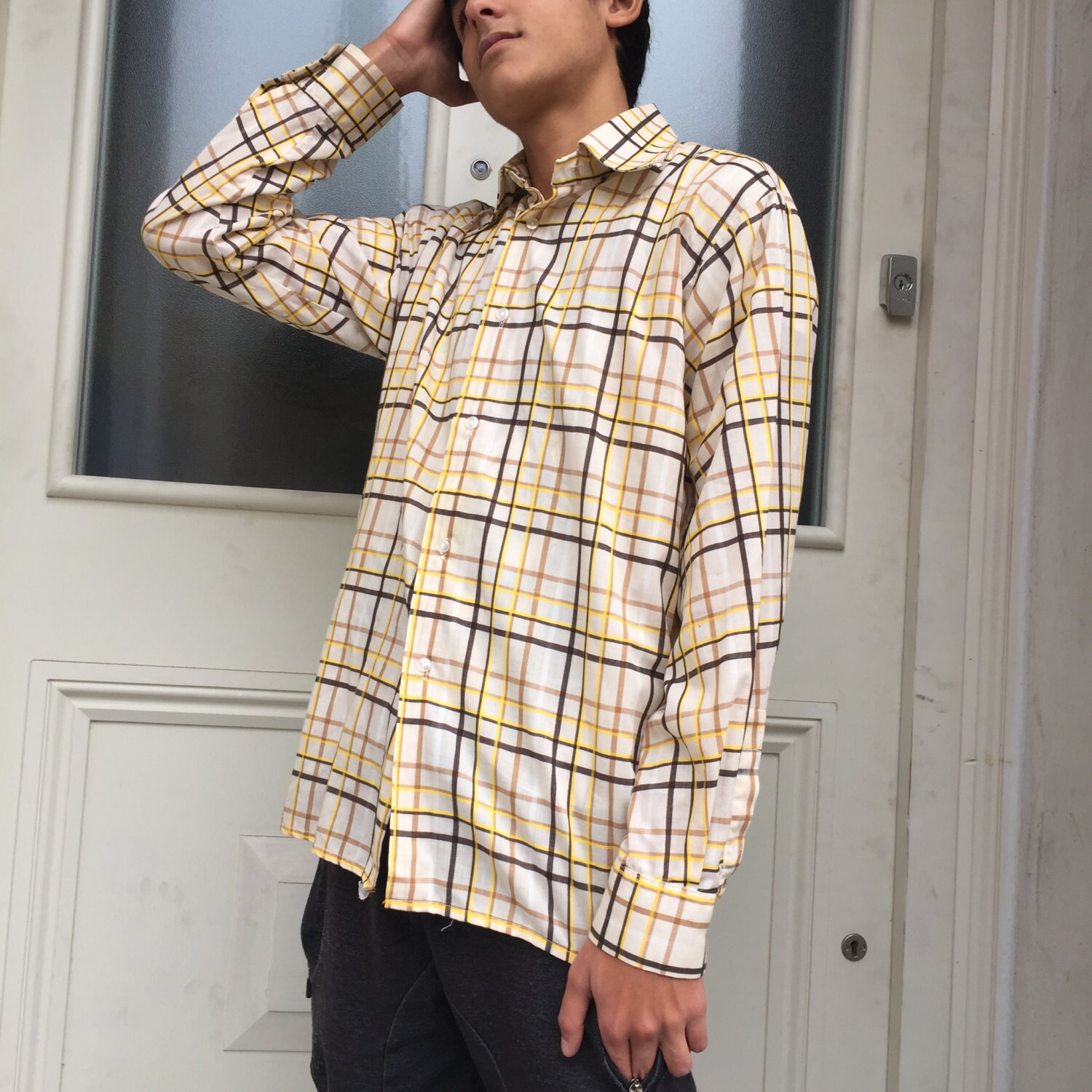 Image of Vintage Mens Check Shirt. Beige Shirt With Yellow & Brown Stripes. Collar Size 16" 41cm. 1970S Menswear. Retro Fashion