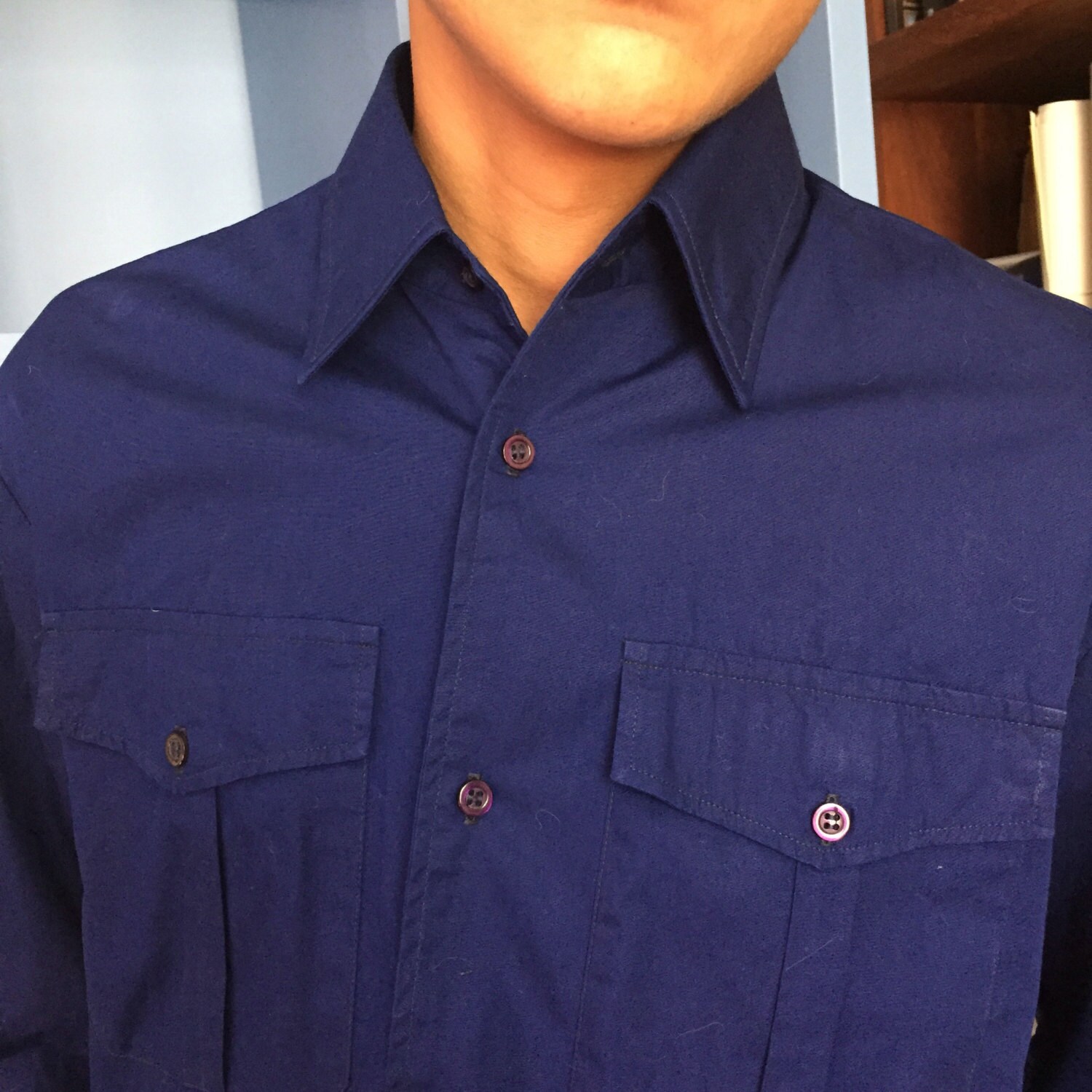Image of Vintage Blue Shirt. Chest Size 37. Front Pockets. 1960S Menswear. Dark Blue Shirt, Cowboy Smart Shirt