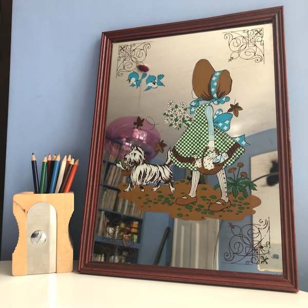 Holly Hobbie Style Mirror. Girl and Dog Westie Terrier