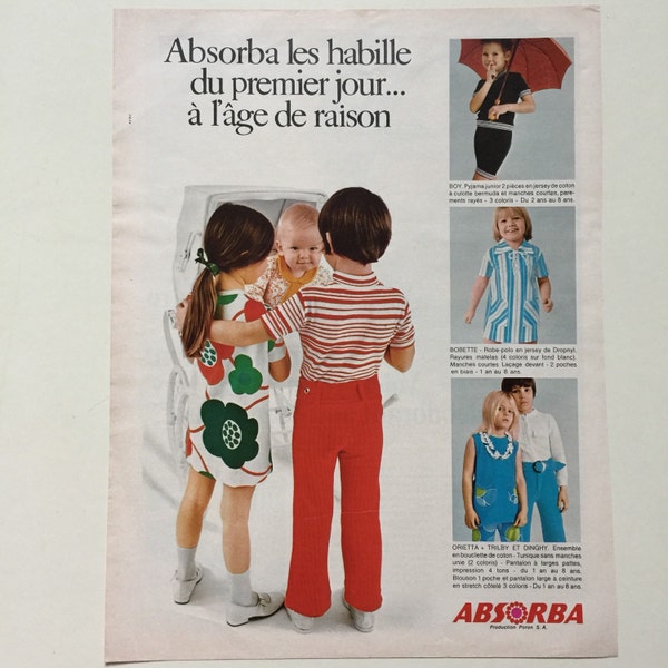 Vintage Kids Advert. Original Magazine Print. Nursery Decor. French Poster. Vintage Kids Clothing Advertising. 1970s Siblings. Kids Fashion.