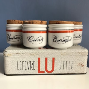 Four Spice Jars Porcelaine D&#39;Auteuil Paris France Bistrot Range Jacques Lobjoy. Cumin Saffron Tarragon Celery Container Canister Spice rack