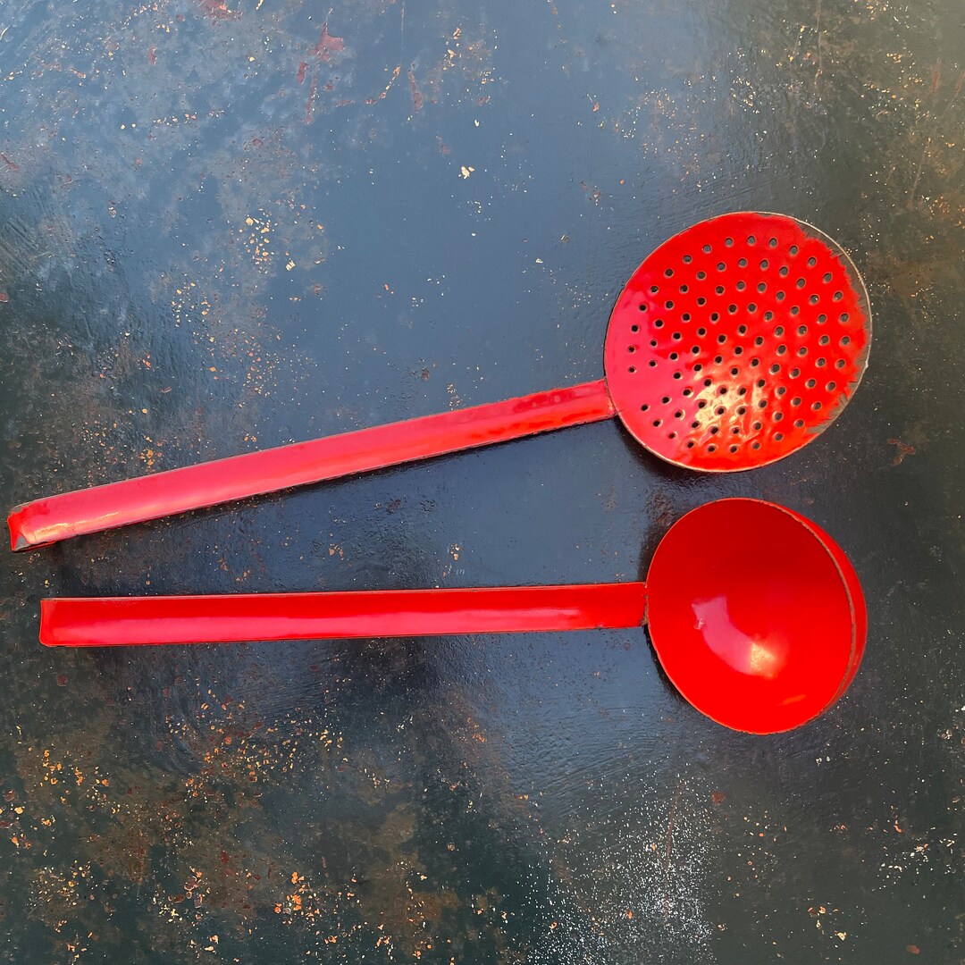 Red Enamel Ladle Sieve French Set Etsy