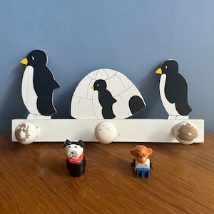 Children's Coat Rack. Three Hooks. Igloo and Penguins