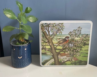 Large French Square Biscuit Tin Spring Red Robin