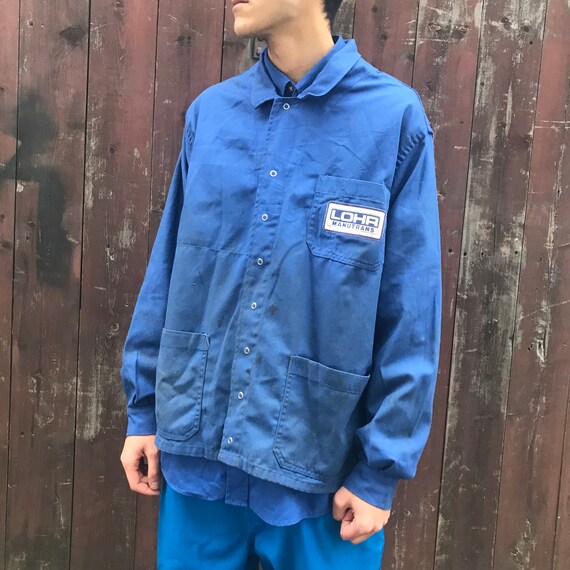XL French Blue Workwear Jacket. Stud Buttons Worn