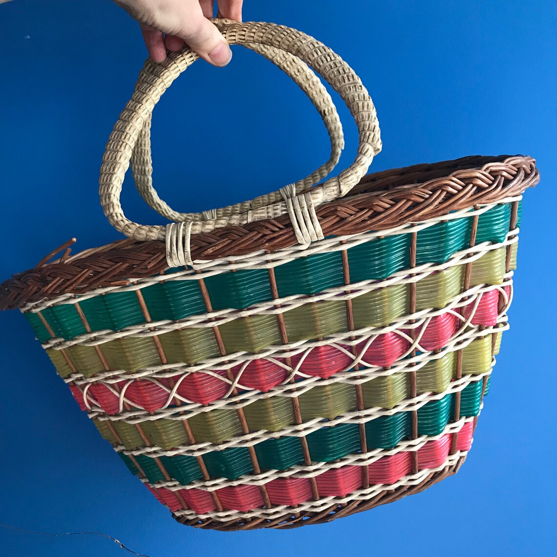 1960s Wicker Plastic Braided Shopping Basket. Etsy