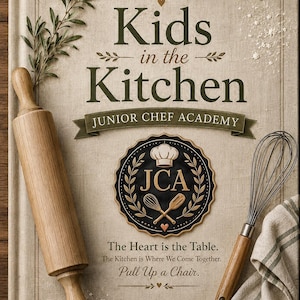Pode incluir: Um livro de capa dura intitulado Kids in the Kitchen Junior Chef Academy de Jessica Mathews. A capa apresenta um rolo de massa de madeira, um batedor de arame, um pano de linho e um emblema central com um chapéu de chef, texto JCA e utensílios cruzados.