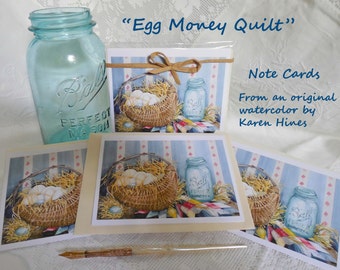 EGG MONEY QUILT note cards  printed from an original watercolor still life of country collectibles by Virginia artist Karen Hines