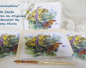 Butterfly note cards (pack of 3 cards with envelopes) - printed from an original watercolor, "Illumination" by Virginia artist Karen Hines