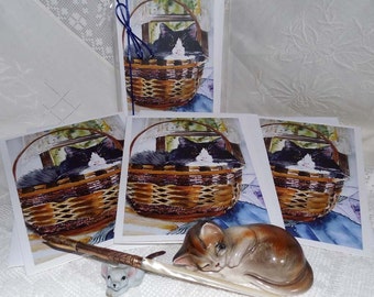 Bruno's Basket all occasion cat note cards (pack of 3 cards) printed from an original watercolor by Virginia artist Karen Hines