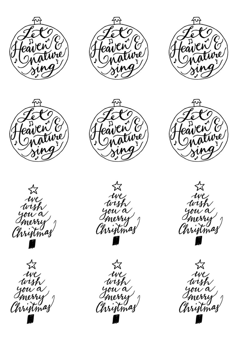 May include: Black and white illustrations of Christmas ornaments and Christmas trees with the text "Let Heaven & nature sing" and "We wish you a merry Christmas".
