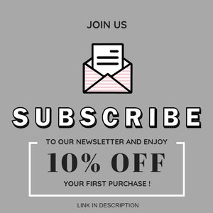May include: A graphic with a white envelope icon with a pink and white striped pattern and the text "JOIN US SUBSCRIBE TO OUR NEWSLETTER AND ENJOY 10% OFF YOUR FIRST PURCHASE! LINK IN DESCRIPTION"