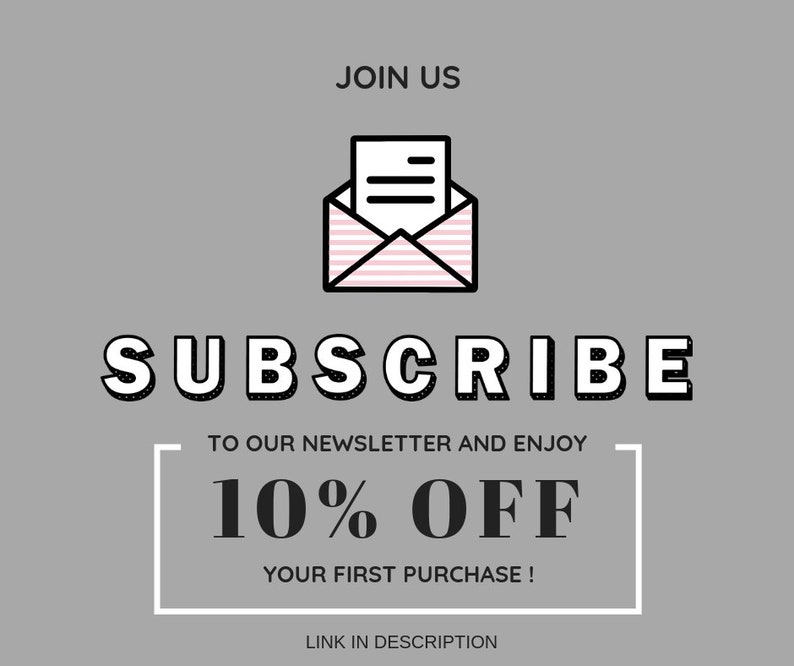 May include: A graphic with a white envelope icon with a pink and white striped pattern and the text "JOIN US SUBSCRIBE TO OUR NEWSLETTER AND ENJOY 10% OFF YOUR FIRST PURCHASE! LINK IN DESCRIPTION"