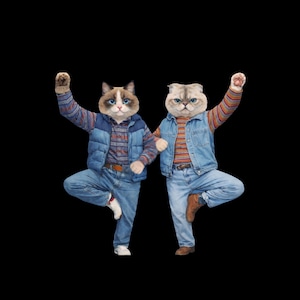 May include: Two cats with human bodies are depicted in a whimsical illustration. They are dressed in retro outfits, including denim jackets, striped shirts, and blue jeans. One cat wears a blue vest. They are both balancing on one leg with their arms raised.