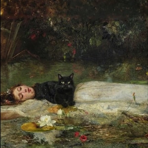 May include: A painting showing a woman lying in water, with a black cat. The artwork features lily pads, flowers, and dense foliage, creating a tranquil and enigmatic scene.