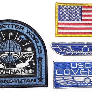 May include: Set of embroidered patches featuring a blue and black design with the text "BUILDING BETTER WORLDS" and "COVENANT". Includes a US flag patch and two other blue and white patches. The patches are likely for a science fiction theme.