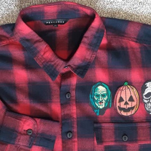 Halloween III Season of the Witch Red/Black XL Long Sleeved /Brushed Cotton Flannel Shirt Lumberjack Tartan Sleeve Casual Stripe