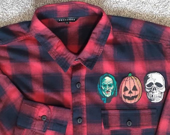 Halloween III Season of the Witch Red/Black XL Long Sleeved /Brushed Cotton Flannel Shirt Lumberjack Tartan Sleeve Casual Stripe