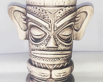 Big Ears Hawaiian Tiki Mug: Matte Beige Glaze, Dark Wipe (6" x 5")