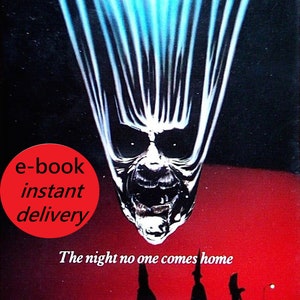 Puede incluir: Una carátula de cinta VHS para la película de terror Halloween III: La Noche de las Brujas. La carátula presenta una figura fantasmal blanca amenazante sobre un fondo rojo. El texto en la carátula dice "Halloween III: La Noche de las Brujas" y "La noche en que nadie vuelve a casa".