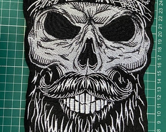 Very Large Bearded Biker Bandanna Back Patch White on black felt 14" x 8" approx NEW Custom Gift