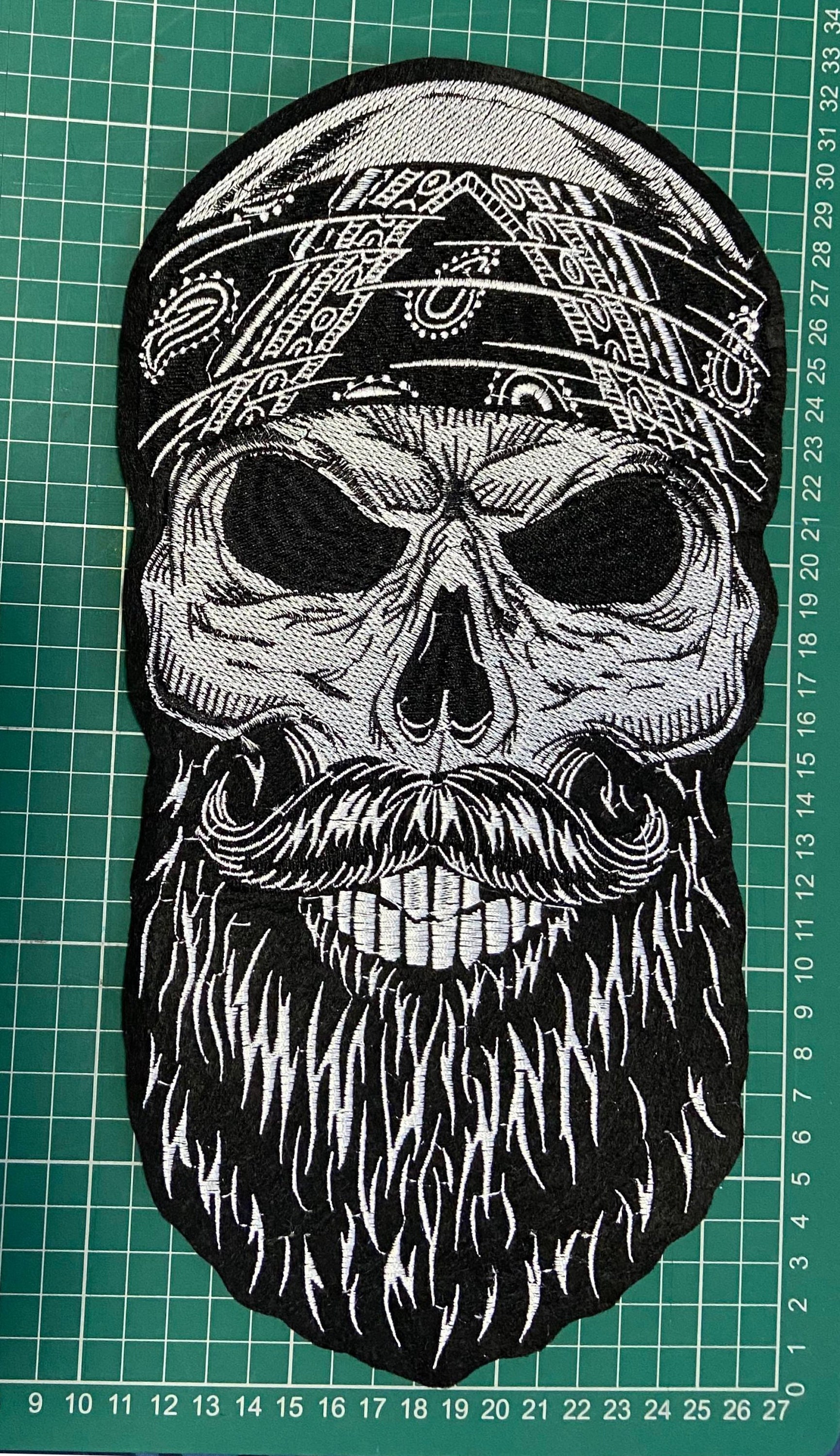 Very Large Bearded Biker Bandanna Back Patch White on black felt 14" x 8" approx NEW Custom Gift