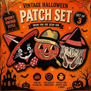 May include: A set of three embroidered patches featuring a black cat in a red hat, a jack-o'-lantern in a yellow hat, and a witch. The packaging is orange with black spiderwebs and text reading VINTAGE HALLOWEEN PATCH SET SET OF 3.