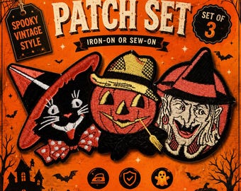 3 x Vintage Style Beistle Halloween Embroidered Patches: FREE SHIPPING!! Cat, Witch, Pumpkin