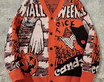Kardigan z dzianiny na Halloween: sweter z dynią i pomarańczowym duchem, średni, w stylu vintage