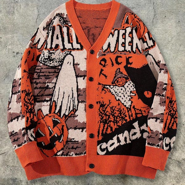 Halloween Knit Cardigan: Pumpkin Orange Ghost Sweater Large Vintage Illustration Style