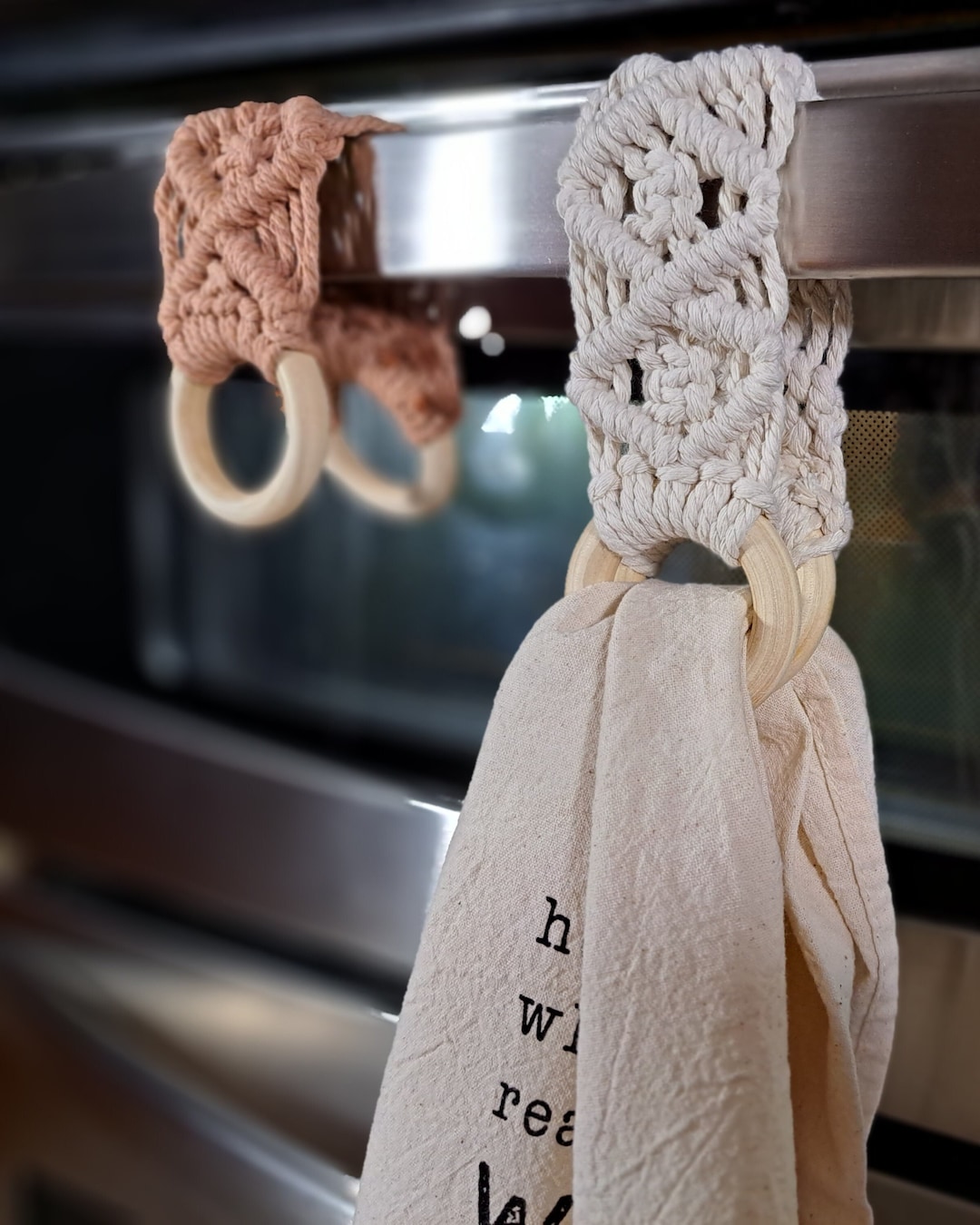 Natural Macrame Tea Towel Holder, Handmade, Kitchen Towel Hanger