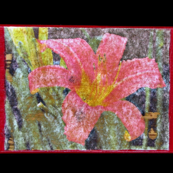 Autumn Red Daylily | Photo Block | Reclaimed Lumber | Wood Transfer | Flowers | Original Photography | Home Decor | 4"x6"