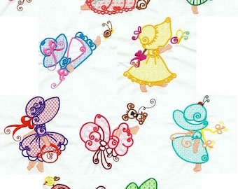 Può includere: Un set di dieci disegni ricamati che rappresentano ragazze in varie pose, alcune con farfalle, animali e altri dettagli. I disegni sono di vari colori, tra cui rosa, blu, verde, giallo e rosso.