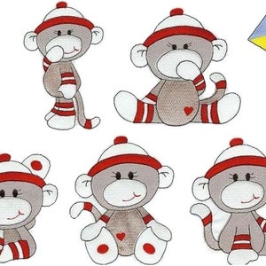May include: Set of seven plush toy monkeys wearing red and white knitted hats. The monkeys are in various poses, including sitting, standing, and holding a kite.