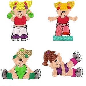 May include: Six cartoon illustrations of people exercising. The illustrations are in a colorful, whimsical style. The people are doing various activities, such as lifting weights, doing yoga, and riding a wheelbarrow.