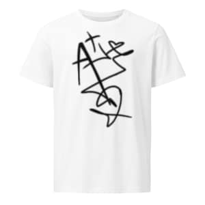 May include: White t-shirt with a black abstract design on the front. The design appears to be a stylized combination of letters and symbols, creating a unique and artistic look. The shirt has short sleeves and a crew neck.