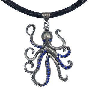 DragonWeave Large Pewter Octopus Pendant Choker Necklace with Blue CZ and Rhinestones on Thick Leather Cord
