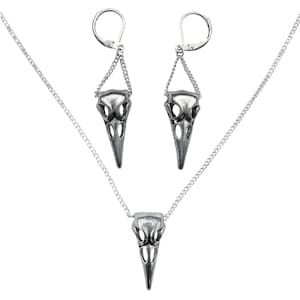 DragonWeave Silver Raven Skull Charm Necklace Chain and Earring Set