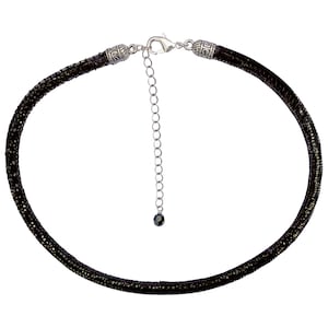 Black Leather Sparkly Snakeskin Choker Necklace with Silver Extender Chain & Swarovski Crystal