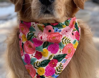 Floral Dog Bandana, Reversible Over the Collar or Tie On Flower Pink Girl Custom Dog Bandana, Rifle Paper Co Summer Fall, New Dog Mom Gift