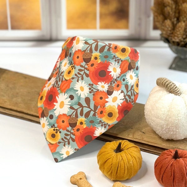 Fall Floral and Pumpkins Dog Bandana for Girl Dogs - Perfect for Fall Family Photos, Autumn Reversible Design for 2 Looks in 1, Dog Mom Gift