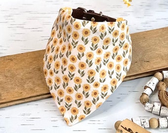 Reversible Sunflower and Gingham Dog Bandana - Golden Yellow Fall Flower Design - Slip or Tie On - Personalized with Your Dog's Name