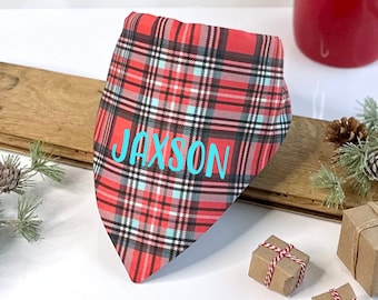 Personalized Christmas Tartan Blue and Red Plaid Dog Bandana - Reversible Slip or Tie-On - Winter Snowmen Design - Perfect for Family Photos