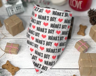 Mama's Boy Reversible Red Gingham Dog Bandana - Christmas Slip or Tie On Pet Scarf,  Personalized Dog Mom Gift - Christmas Pet Accessory