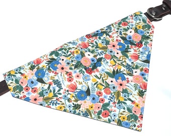 Floral Dog Bandana for Pet Collar, Reversible Summer Navy Rifle Paper Co Bandana for Girl Dog, New Dog Mom Gift, Embroidered Pet Bandana