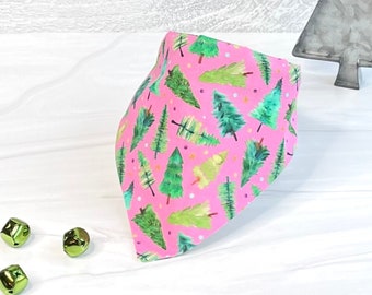 Personalized Christmas Tree Pink Reversible Dog Bandana, Winter Green Pink Plaid Holiday Slip on Girl Dog Accessory, Christmas Dog Outfit